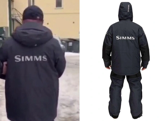 Задержанный был в куртке американского бренда Simms для рыбалки. | Источник: СК по Новосибирской области, simms.ru