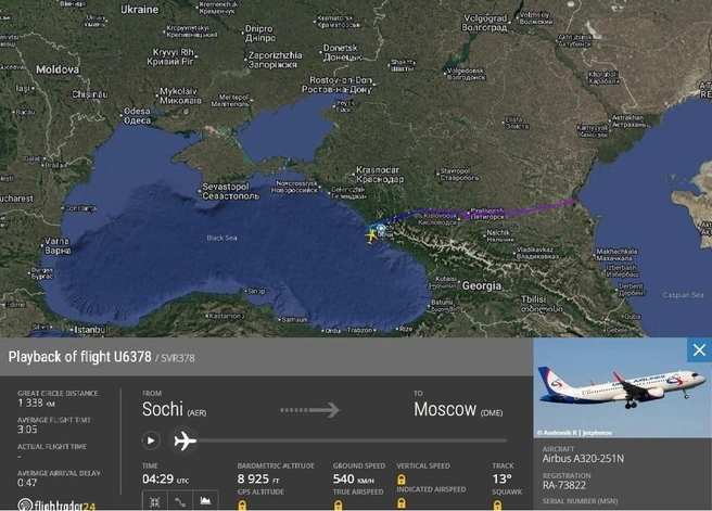 Так выглядел маршрут рейса U6-378 из Сочи в Москву | Источник: flightradar24.com