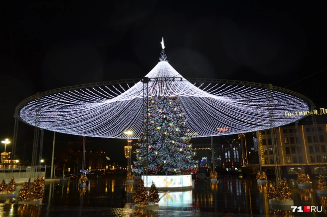 Вид вблизи на Тульскую ёлку и украшающий её шатер | Источник: Максим Улитов / 71.RU