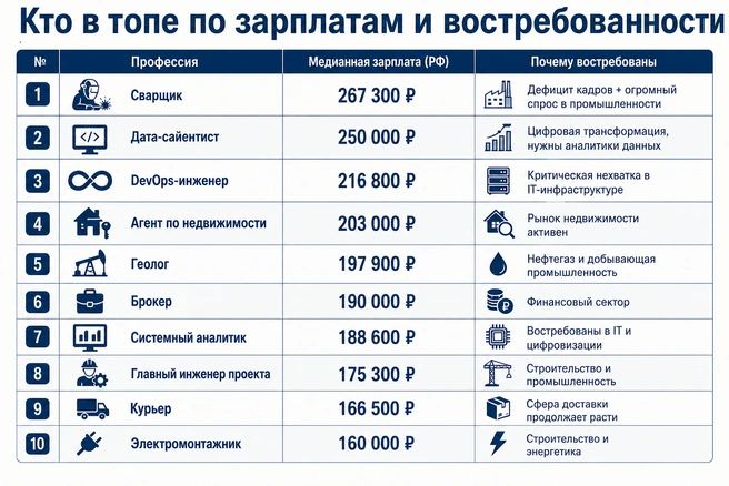Большинству этих позиций предлагают зарплату в 2,5–3 раза выше медианной по стране. И лидирует не IT-специалист, а представитель рабочей профессии&nbsp;— сварщик. | Источник: данные СПбГЭУ/Chat GPT