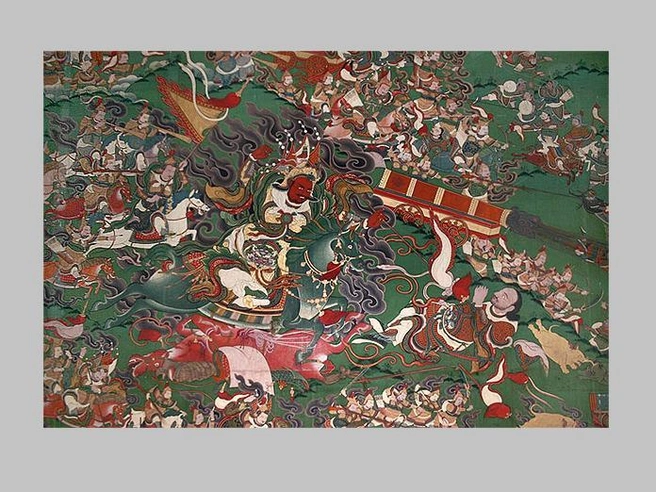 Фрагмент танки XIX века, изображающей Шамбалинскую битву. Царь Драгбо Хорложан на волшебном коне поражает копьём предводителя тёмных сил. | Источник: Андрей Стрелков