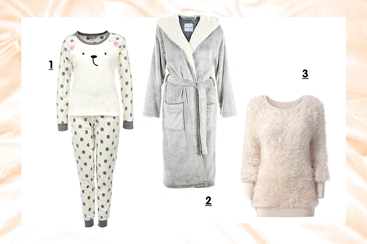 1. Пижама, Dorothy Perkins, 2 999 руб., lamoda.ru. 2. Халат, New Look. 3. Пуловер, Intimissimi 