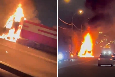 На Винаповском мосту в Новосибирске сгорел грузовик