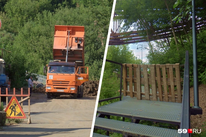 Обрушившийся склон тщетно продолжают подсыпать, а проход под аварийным мостом закрыли | Источник: Кирилл Хафизов / 59.RU