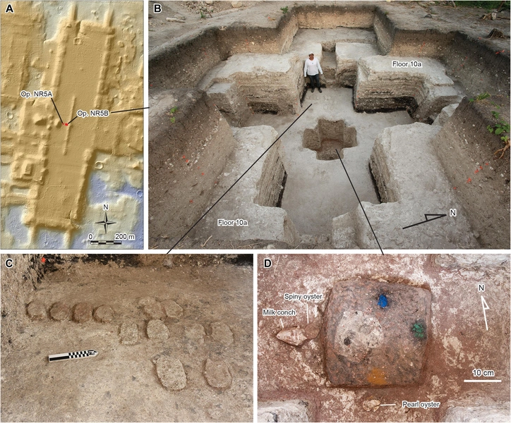 Крестообразный тайник майя, найденные в нем предметы и пигменты | Источник: Science Advances