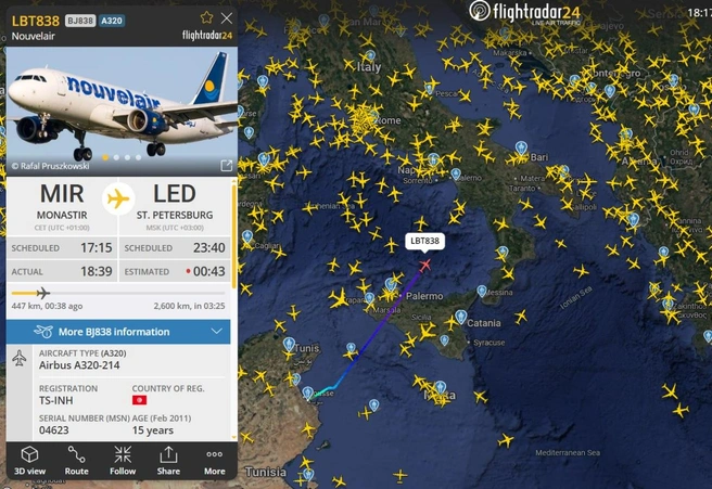 Задержавшийся в Тунисе самолёт вылетел в Петербург. | Источник: flightradar24.com