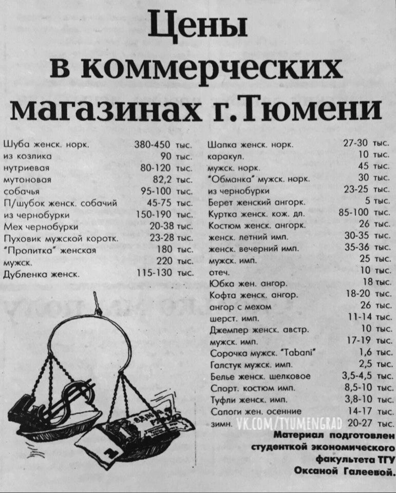 Вот такие цены были в коммерческих магазинах Тюмени в середине 1990-х годов. По данным финансового сервиса, 100 рублей сейчас&nbsp;— как тогда 5600 рублей | Источник: Тюмень до нашей эры / Vk.com