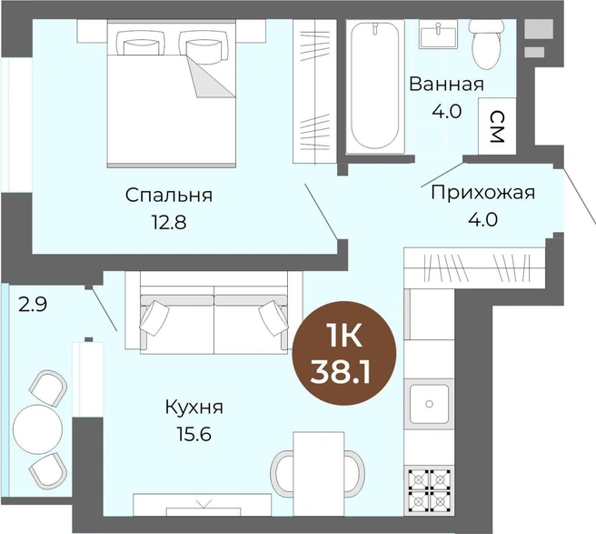 Один из самых популярных вариантов&nbsp;— 1-комнатная квартира за 7,3&nbsp;млн рублей | Источник: «Квартал на Российской»