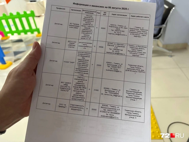 Этот список приготовили для безработного, которому уже 62 года. Здесь вакансии по профессии «диспетчер» с максимальной зарплатой в 35 тысяч рублей | Источник: Мария Токмакова / 72.RU