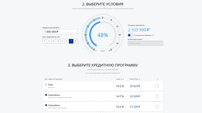 А при таких условиях дилер предлагает уже семь вариантов от разных банков | Источник: Geely-motors.com
