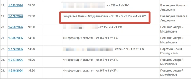 Приговор Эмирагаеву огласили сегодня, 14 августа | Источник: Скриншот с сайта Дзержинского районного суда Оренбурга