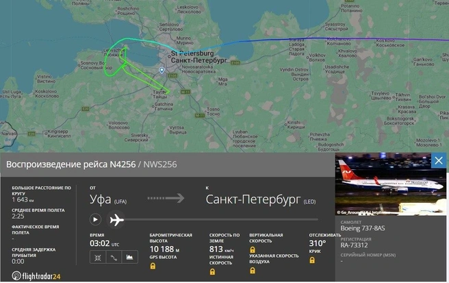 Самолет Уфа&nbsp;— Петербург сделал пару кругов над Пулково из-за сильного ветра | Источник: flightradar24.com