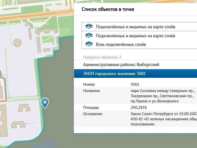 На картах зелёная полоса вдоль парка не относится к его границам | Источник: Региональная геоинформационная система Санкт-Петербурга
