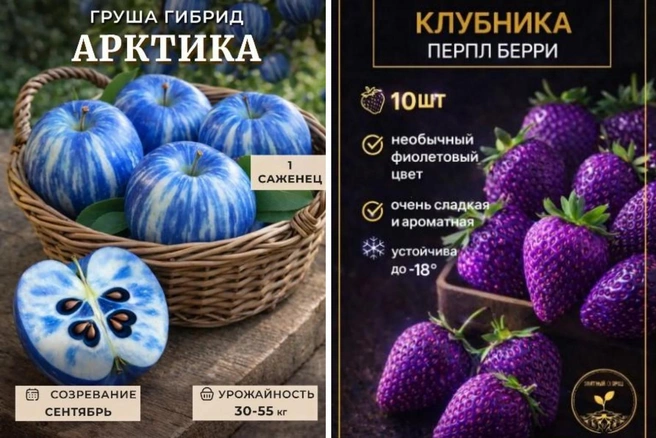 А сколько вы готовы заплатить за саженцы голубой груши и фиолетовой клубники? Продавцы чудо-растений, кстати, особо не наглеют. Цена «гибридов» на маркетплейсах 200-1000 рублей | Источник: скриншоты с сайтов ozon.ru и wildberries.ru