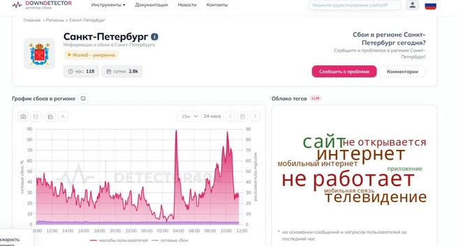 Петербуржцы столкнулись с перебоями в работе не только мобильного интернета, но и Wi-Fi | Источник: Скриншот сайта detector404.ru