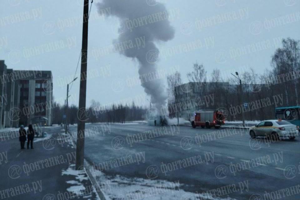 Снова лазурный. В Петергофе у СПбГУ полыхал автобус