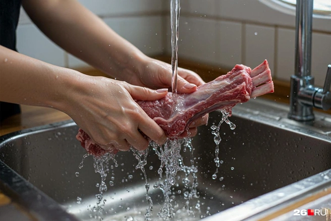 Мясо промываем перед варкой в холодной воде | Источник: Полина Авдошина / Городские медиа