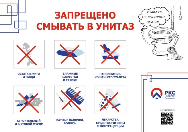 Постер, в котором наглядно показано, что нельзя смывать в унитаз | Источник: «НОВОГОР-Прикамье»