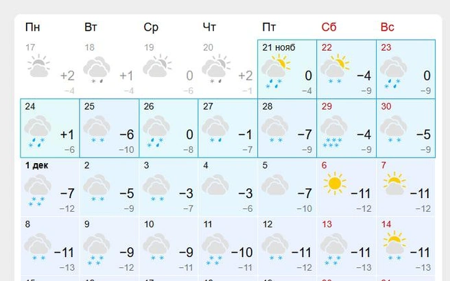 Последняя неделя ноября будет снежной | Источник: gismeteo.ru