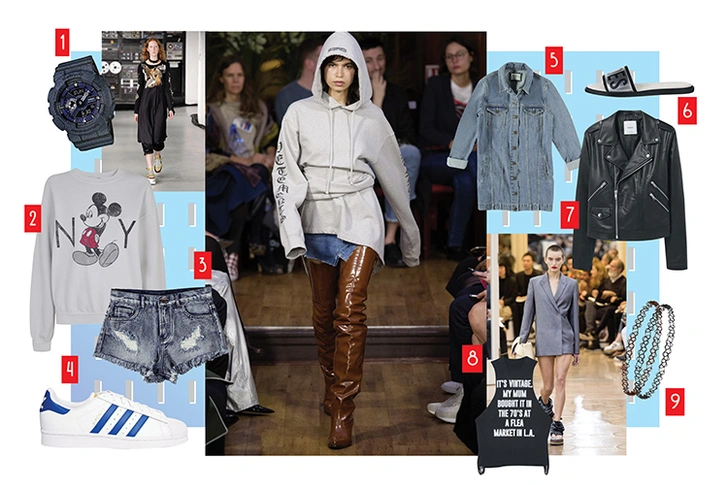 1. Часы, BABY-G, 10 000 руб. 2. Свитшот, Topshop, 2 999 руб. 3. Шорты, Forever 21, 1 299 руб. 4. Кроссовки, adidas Superstar, 6 690 руб. 5. Сандалии, Topshop, 2 999 руб. 6. Куртка, Forever 21, 2 699 руб. 7. Куртка, Mango, 6 999 руб. 8. Топ, Asos, 2 000 руб. 9. Набор чокеров, Topshop, 1 299 руб
