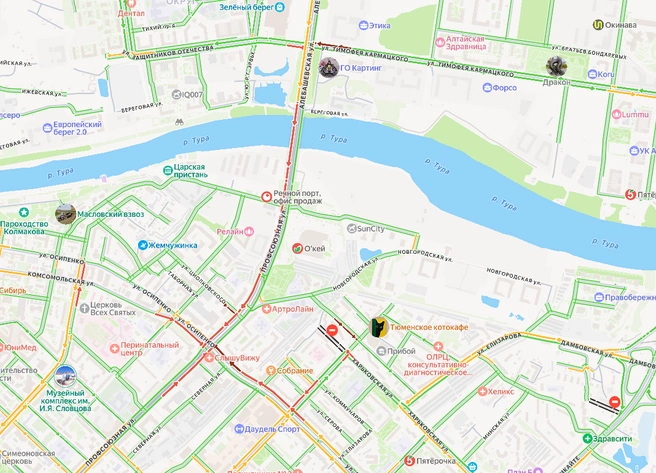 Тюменцы стоят в пробке от Кармацкого в центр города  | Источник: Яндекс Пробки