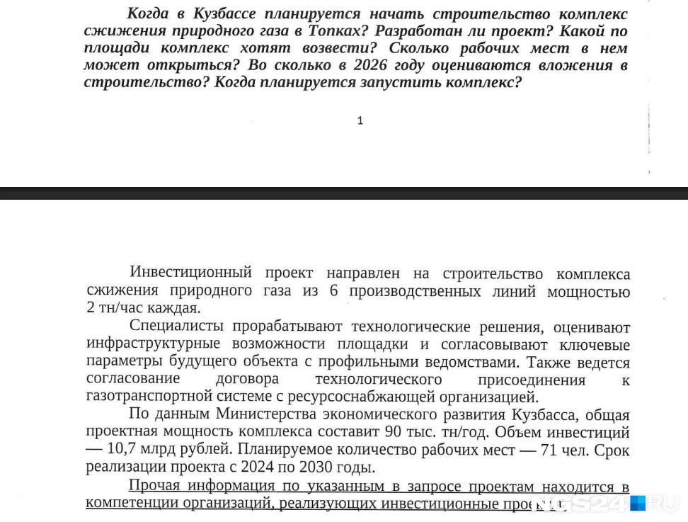 Ответ правительства Кузбасса | Источник: NGS24.RU, NGS42.RU