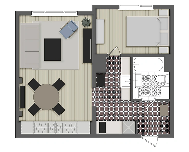 Двухкомнатная квартира 37 м² с кухней в коридоре