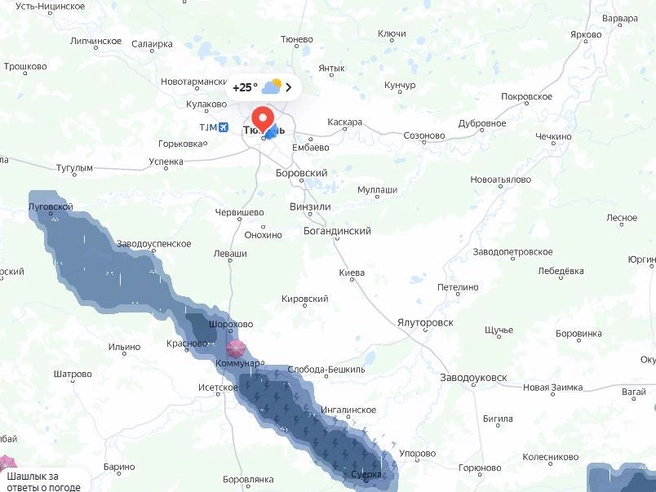 Осадки затронули окраины области, в стороне от Тюмени | Источник: yandex.ru