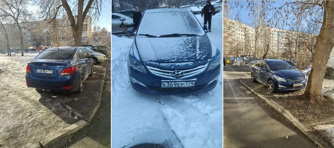 Жильцы дома (адрес не указан) возмущены этим синим «Солярисом», который круглогодично паркуется на газоне. Жалобы в ГАИ, по их словам, не помогают | Источник: читатель 74.RU