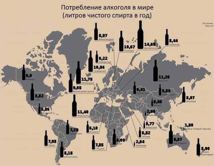 Карта: Сколько выпивают в разных странах мира