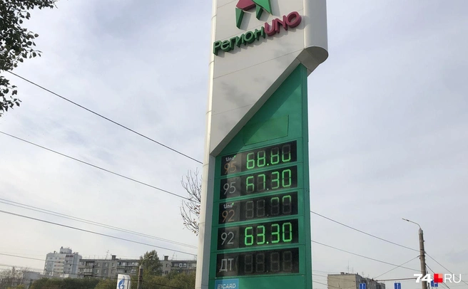 На АЗС «Регион Uno» в понедельник топливо продавали без ограничений, но цена вводит в ступор: АИ-92 — 63,3 рубля за литр, АИ-95 — 67,3–68,8 рубля за литр. Для сравнения: находящаяся радом АЗС крупного бренда продает АИ-92 по 54,3 рубля за литр, АИ-95 — 60,38 рубля за литр | Источник: Артем Краснов