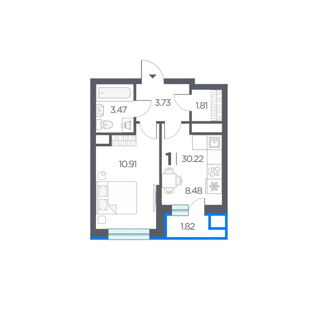 1-комнатная квартира 30,22 квадратного метра с гардеробной | Источник: ЖК «Новые горизонты»