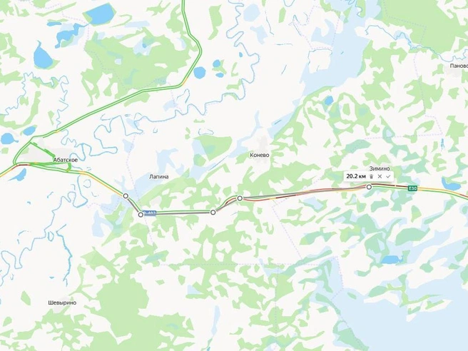 На карте отображена пробка длиной 20 км в направлении Омска | Источник: «Яндекс.Пробки»