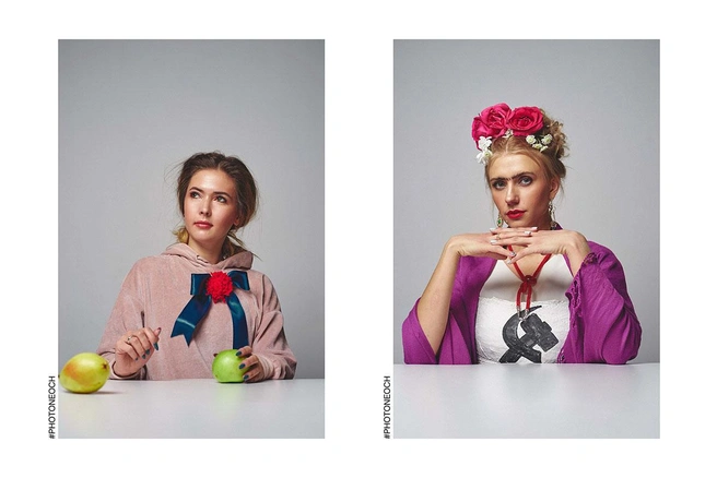 Копия картины Валентина Серова «Девочка с персиками» (слева) и гостья в образе Фриды Кало (справа)