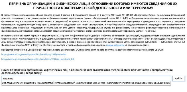 «Мемориал»* и «ОВД-Инфо»** внесли в реестр террористов и экстремистов | Источник: скриншот сайта Росфинмониторинга