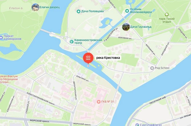 Набережную реки Крестовки отремонтируют за 114 млн рублей | Источник: Скриншот страницы сервиса «Яндекс.Карты»