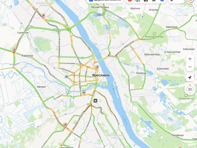 Уровень пробок в Ярославле достиг 7 баллов | Источник: Яндекс Карты