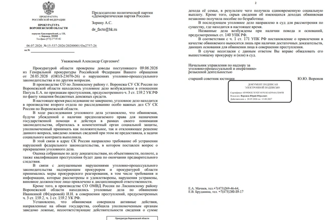 Официальный ответ прокуратуры московскому адвокату и политику Александру Зорину | Источник: предоставлено Елизаветой Пигуль