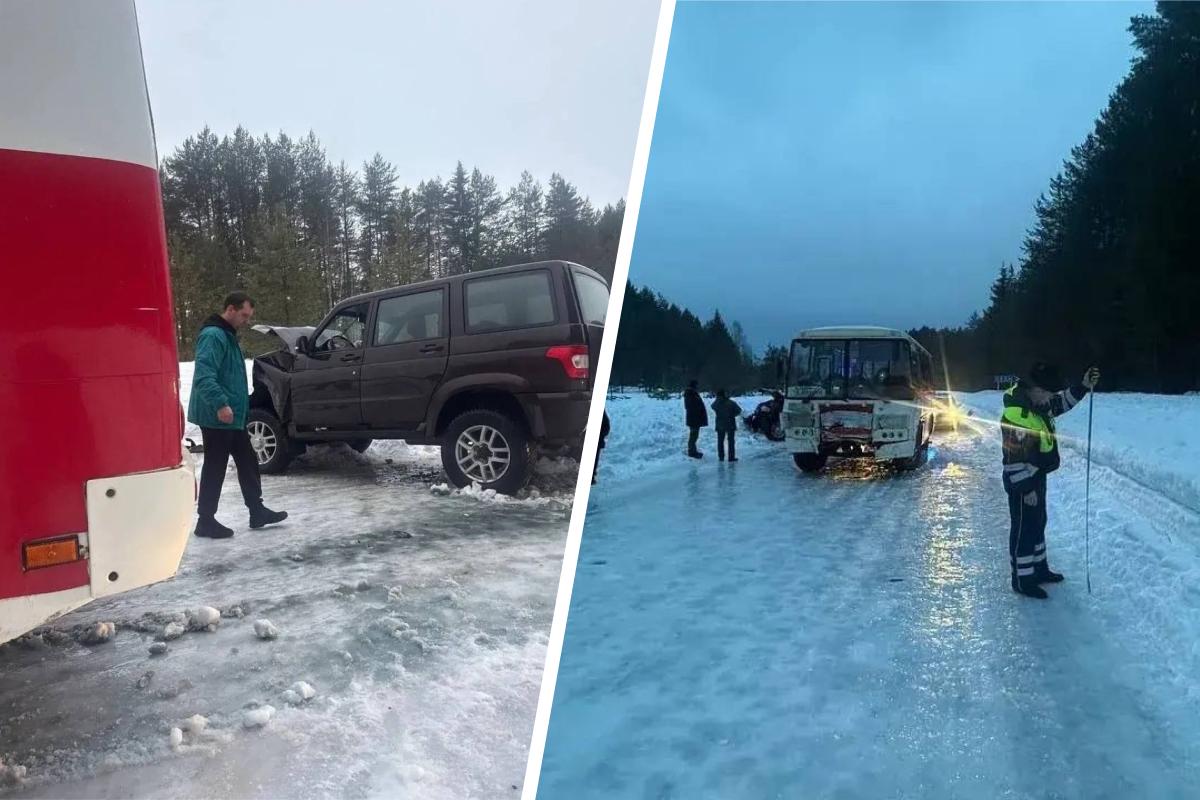 На обледеневшей трассе под Красновишерском влобовую столкнулись рейсовый автобус и «УАЗ» — пострадали пять человек