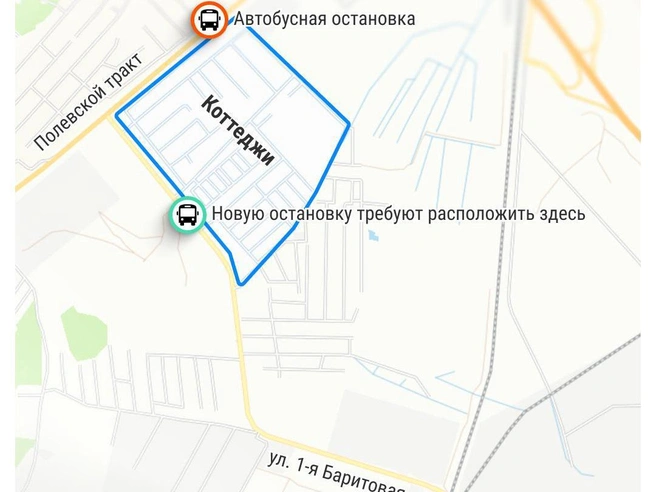 На схеме красным выделены существующие остановки маршрута №88, а зеленым — предполагаемая новая в районе коттеджей. | Источник: Филипп Сапегин / E1.RU