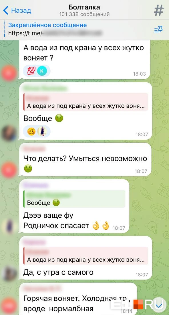 Так с утра выглядел чат новостройки на Хуторской: все обсуждают противную воду | Источник: читатель E1.RU