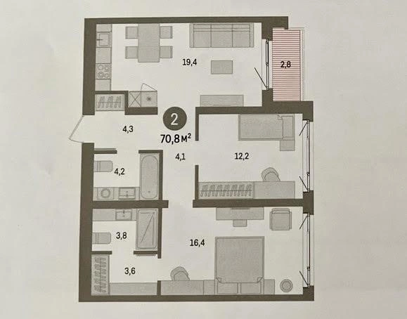 Метраж новой квартиры — 70,8 м². Еще одно ее преимущество — балкон, которого так не хватает в квартире, где сейчас живет семья | Источник: «Брусника»