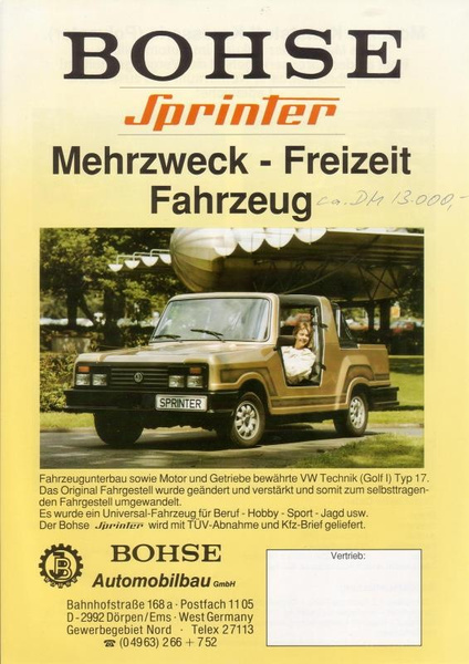 Первая продукция фирмы Bohse — багги на шасси VW Golf Mk 1