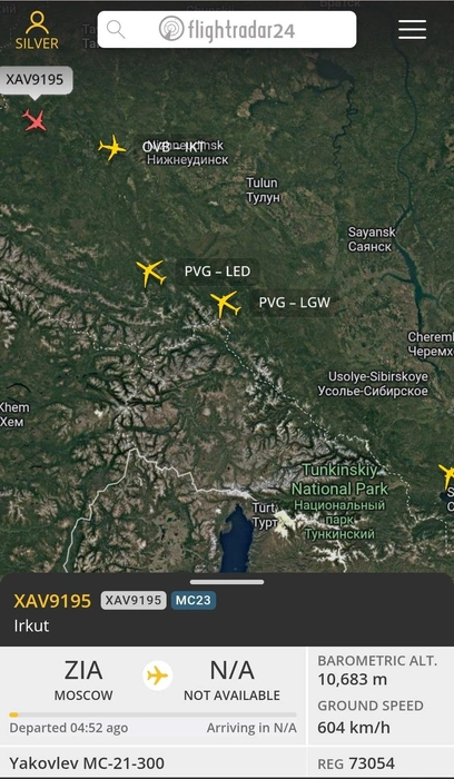 МС-21 залетает в Иркутскую область | Источник: FlightRadar24