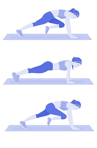Планка с подъемом коленаТонизирует все тело и прорабатывает поясницу. Исходное положение: высокая планка. Напрягите мышцы живота, после чего поднимите правое колено так, чтобы оно стремилось к левому локтю. Затем сделайте небольшую паузу и вернитесь в исходное положение. Повторите то же самое с левым коленом и чередуйте.