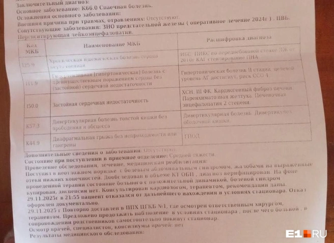 В медицинском документе указаны диагнозы на момент выписки, его предоставили родные пациента | Источник: читатель E1.RU