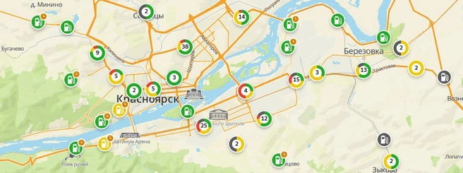 Серый значок означает отсутствие информации о топливе | Источник: benzin.2gis.ru