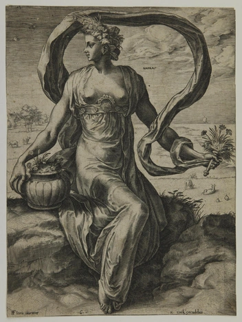 Лесная нимфа. Лист 6 из серии «Пасторальные нимфы и богини». Гравер Корнелис Корт. Автор композиции Франс Флорис де Фриндт. Время создания доски: 1564 | Источник: ГМИИ им. А.&nbsp;С.&nbsp;Пушкина