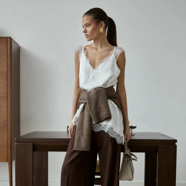 Топ с кружевом из атласа&nbsp;— 2900 рублей. Обратите внимание, как красиво кружево контрастирует с мягким шерстяным свитером | Источник: wonderclo / Wildberries.ru 