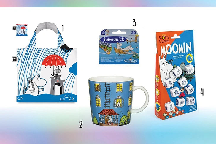 1. Сумка, The Moomin Shop. 2. Кружка, Amara. 3. Набор пластырей, Salvequick. 4. Игральные кости, pleer.ru. 